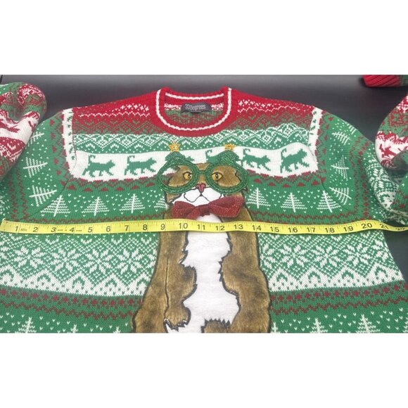33 Degrees Cat Ugly Christmas Sweater Faux Fur Cat Wearing Glasses Sz L Party - Picture 8 of 9